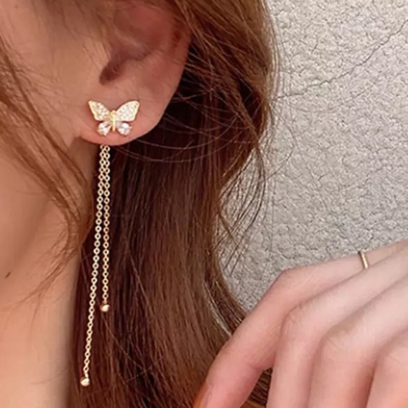 Butterfly cubic zirconia stud/dangle gold earrings - Picture 2 of 7